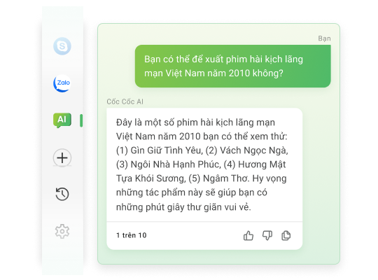 Talk to Cốc Cốc AI Chat right on the sidebar